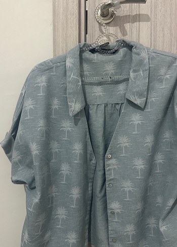 Zara Acik Mavi Palmiye Desenli Rahat Gomlek