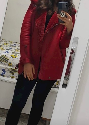 Bershka Kırmızı Deri Biker Ceket - Görsel 6