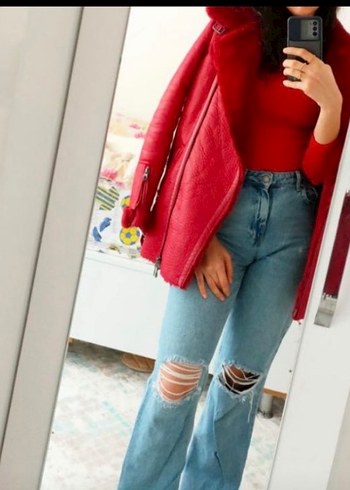 Bershka Kırmızı Deri Biker Ceket - Görsel 7