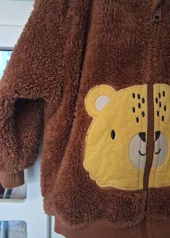 Kahverengi Kapüşonlu Erkek Çocuk Peluş Ceket - Görsel 3