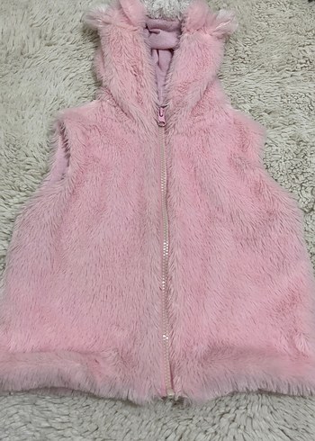 Kız Çocuk Pembe Kapüşonlu Kürklü Yelek - Görsel 2