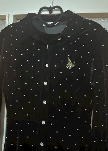 Siyah taşlı Uzun Kollu kadife elbise - Görsel 3