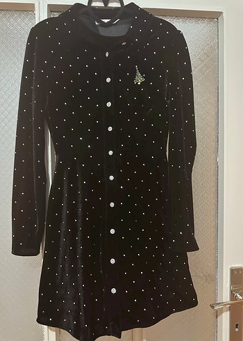 Siyah taşlı Uzun Kollu kadife elbise - Görsel 5