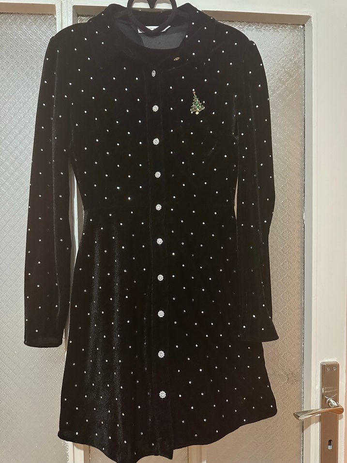 Siyah taşlı Uzun Kollu kadife elbise - Görsel 5
