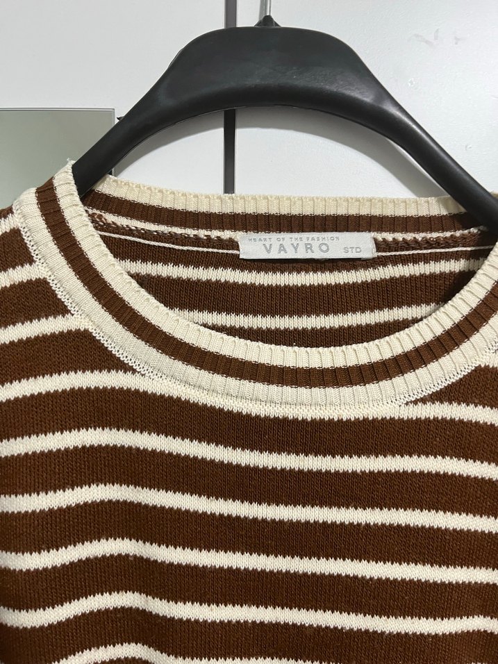 Kadın Kahverengi Çizgili Triko Kazak - Görsel 2