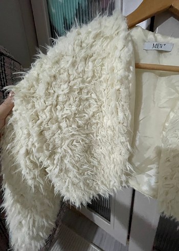 Krem Tüylü Kadın Midi Ceket - Görsel 3