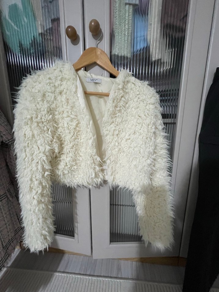 Krem Tüylü Kadın Midi Ceket - Görsel 2