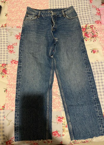 Düğmeli Gri Mavi Kadın Denim Pantolon