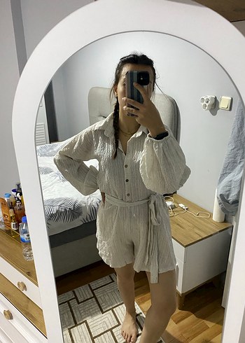 s Beden ten rengi Renk Düğmeli Taş Rengi Keten Mini Tulum