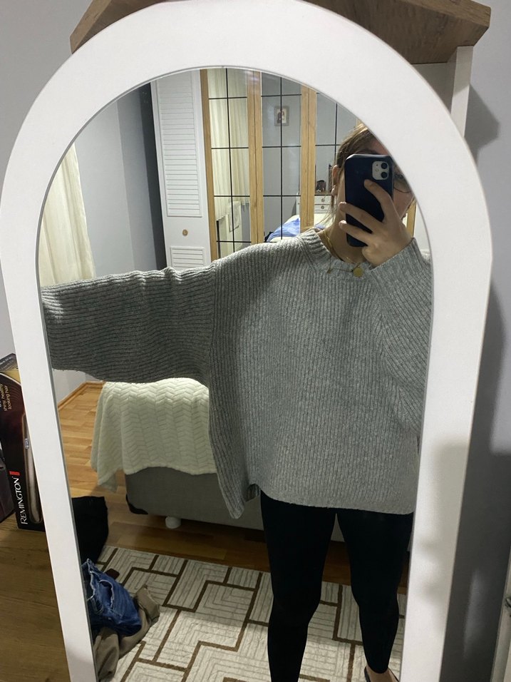 Gri Yüksek Yakalı Örgü Kadın Kazak - Görsel 3