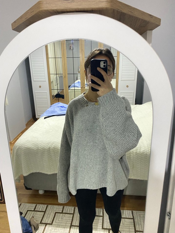 Gri Yüksek Yakalı Örgü Kadın Kazak - Görsel 2