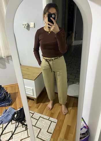 Bej Kadın Boyfriend Pantolon, Rahat Kesim - Görsel 2