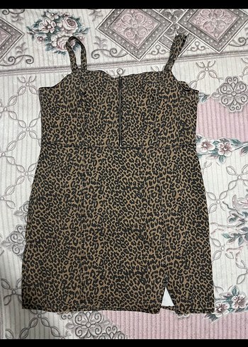 diğer Beden Leopar Desenli Kahverengi kot Mini Elbise 54 beden