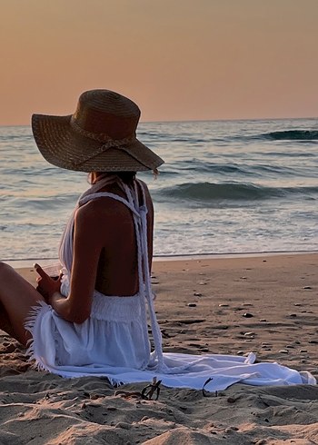 Beyaz Örgülü keten elbise - Görsel 5