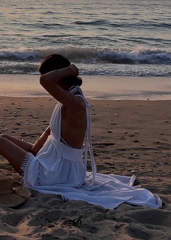 Beyaz Örgülü keten elbise - Görsel 2