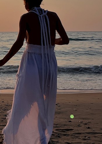 Beyaz Örgülü keten elbise - Görsel 4