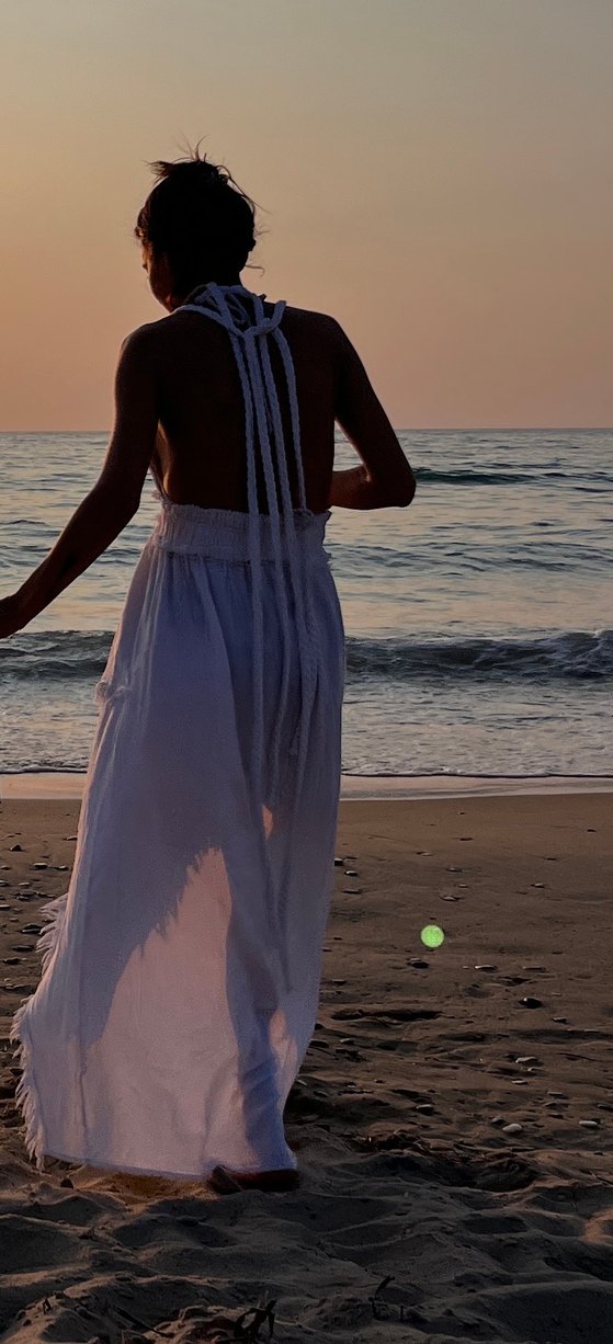 Beyaz Örgülü keten elbise - Görsel 4