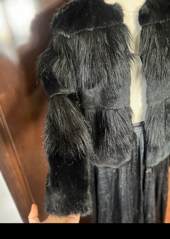 Gri Kadın Kürk Detaylı Midi Boy Ceket - Görsel 4