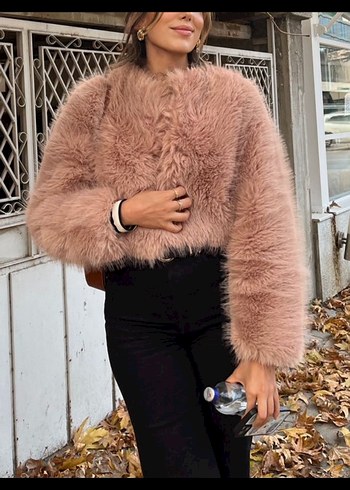 Pembe Tüylü Midi Kot Ceket - Görsel 4