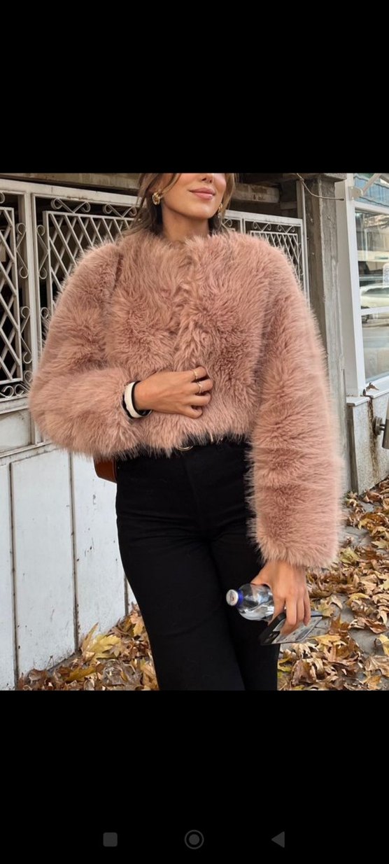 Pembe Tüylü Midi Kot Ceket - Görsel 4