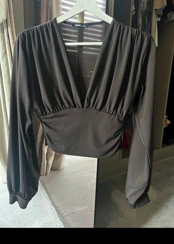 Kahverengi V Yaka Pilili Kadın Bluz - Görsel 3