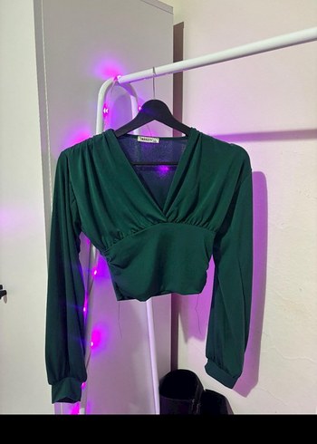 Yeşil V Yaka Drapeli Uzun Kollu Bluz - Görsel 2