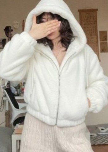 Kürklü Beyaz Kadın  peluş Ceket - Görsel 4