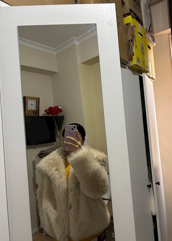 Kadın Beyaz Kürk Detaylı Midi Mont - Görsel 2