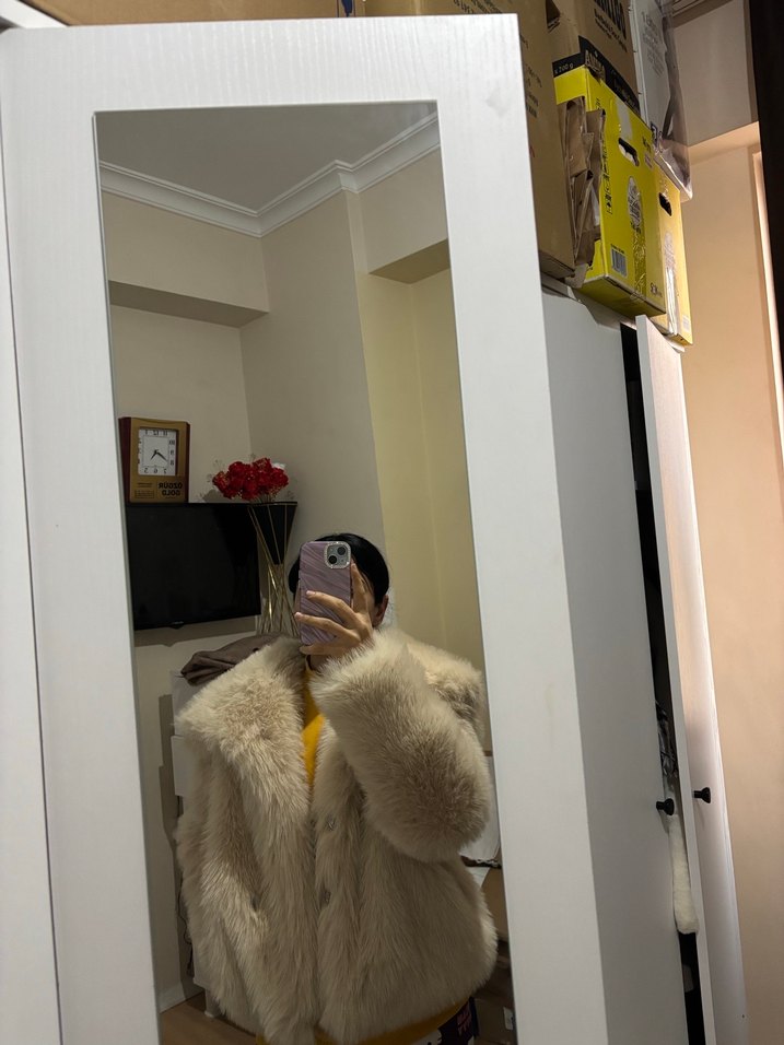 Kadın Beyaz Kürk Detaylı Midi Mont - Görsel 2