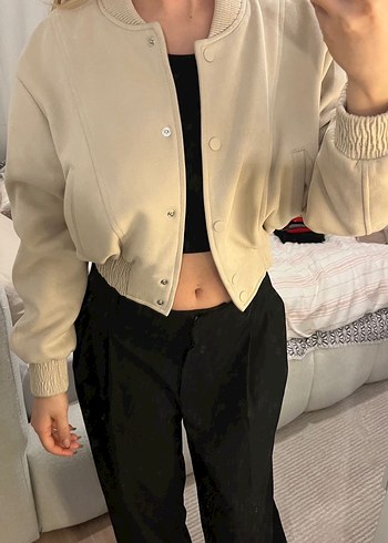 Bej Kadın Süet Bomber Ceket - Görsel 2