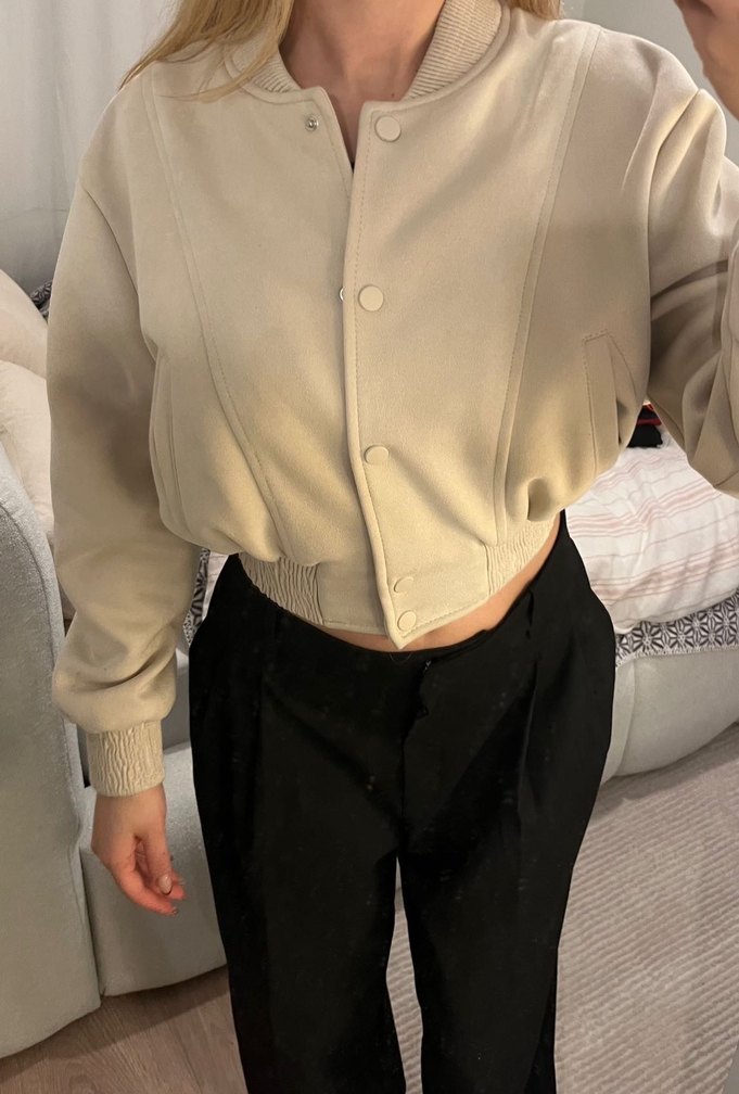 Bej Kadın Süet Bomber Ceket - Görsel 3