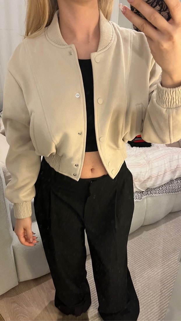 Bej Kadın Süet Bomber Ceket - Görsel 2