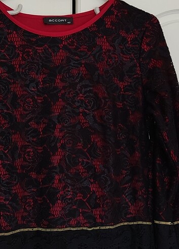 xl Beden Kırmızı / Siyah Tül Detay Abiye Elbise 