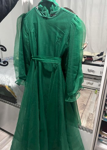 Yeşil Uzun Drapeli Bohem Abiye Elbise - Görsel 4