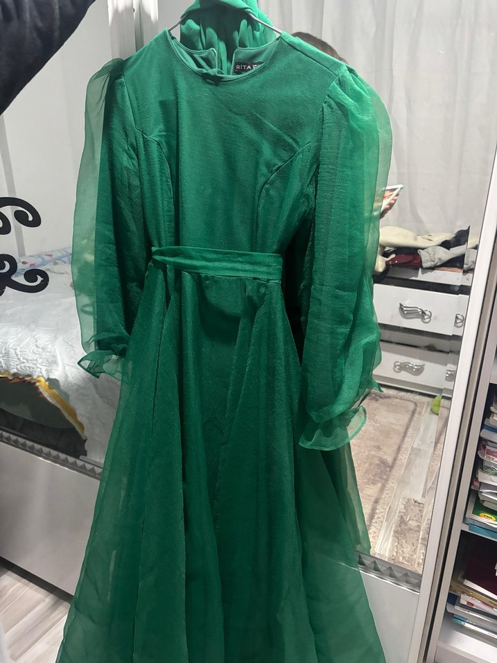 Yeşil Uzun Drapeli Bohem Abiye Elbise - Görsel 4