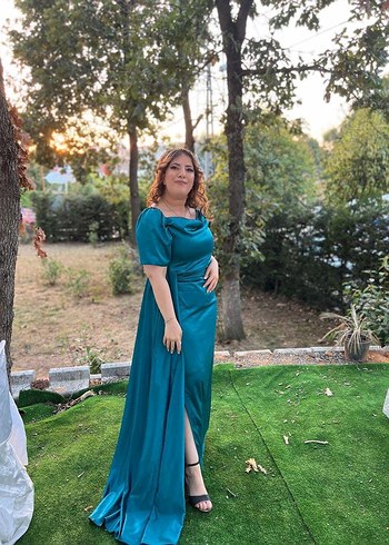 Turkuaz Drapeli Uzun Abiye Elbise - Görsel 3