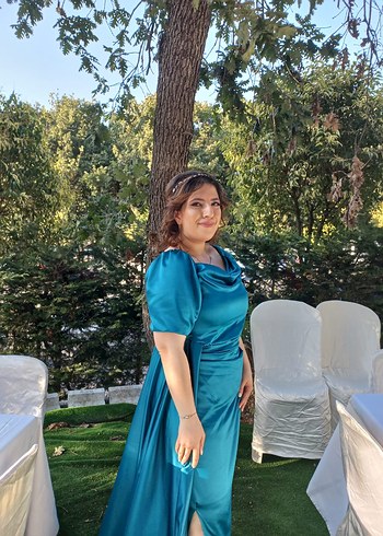 Turkuaz Drapeli Uzun Abiye Elbise - Görsel 2