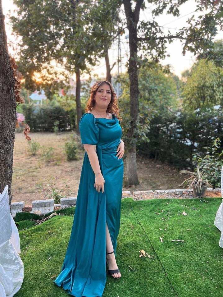 Turkuaz Drapeli Uzun Abiye Elbise - Görsel 3