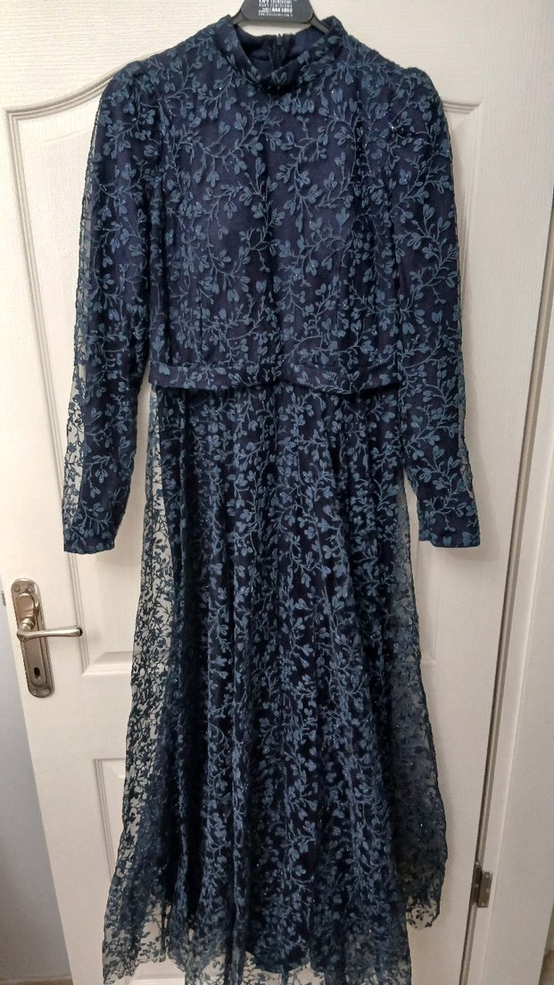 Lacivert Uzun Kollu Abiye Elbise - Görsel 2