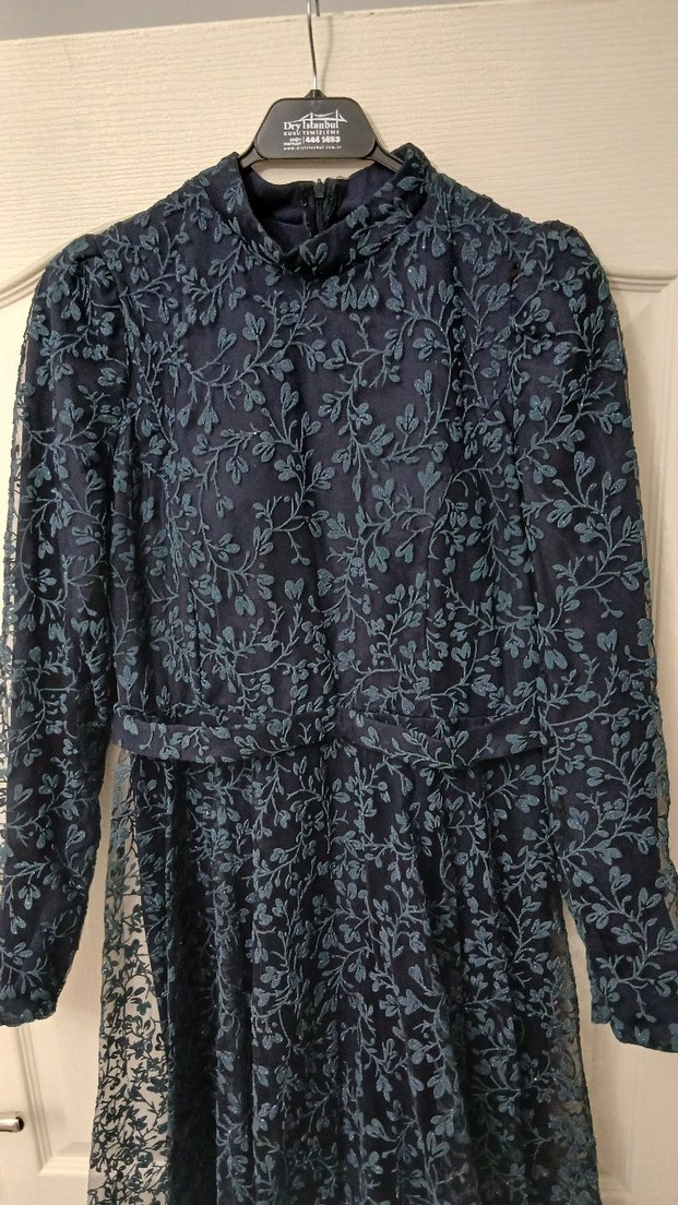 Lacivert Uzun Kollu Abiye Elbise - Görsel 3