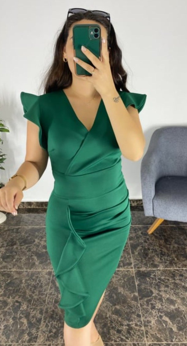Yeşil Drapeli Mini Kalem Elbise - Görsel 3
