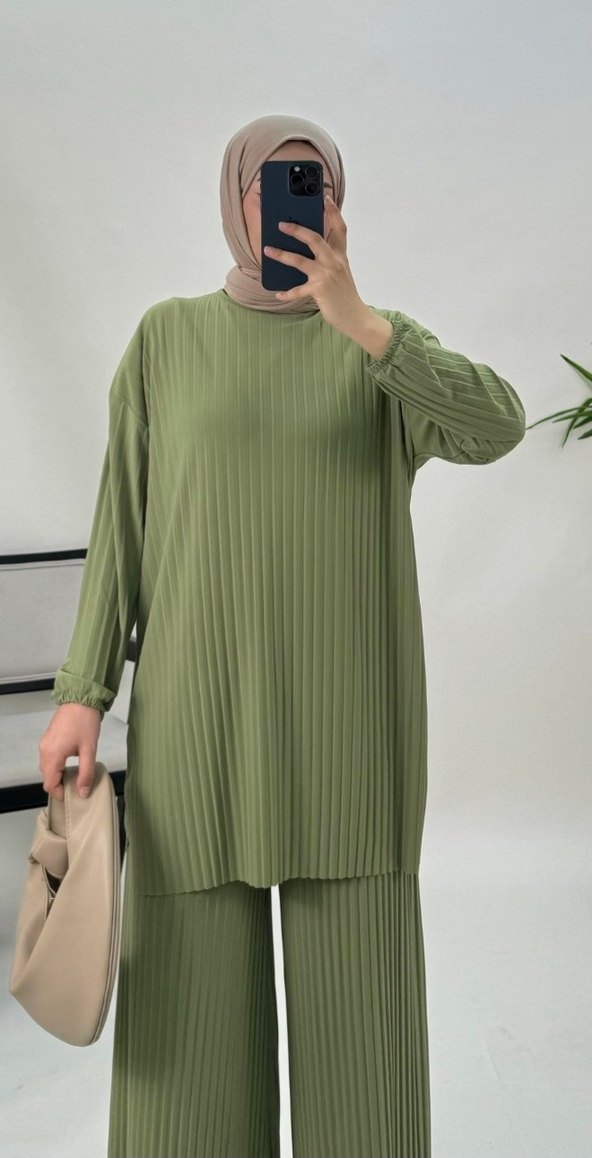 Kadın Haki Pliseli Uzun Salaş Takım - Görsel 2