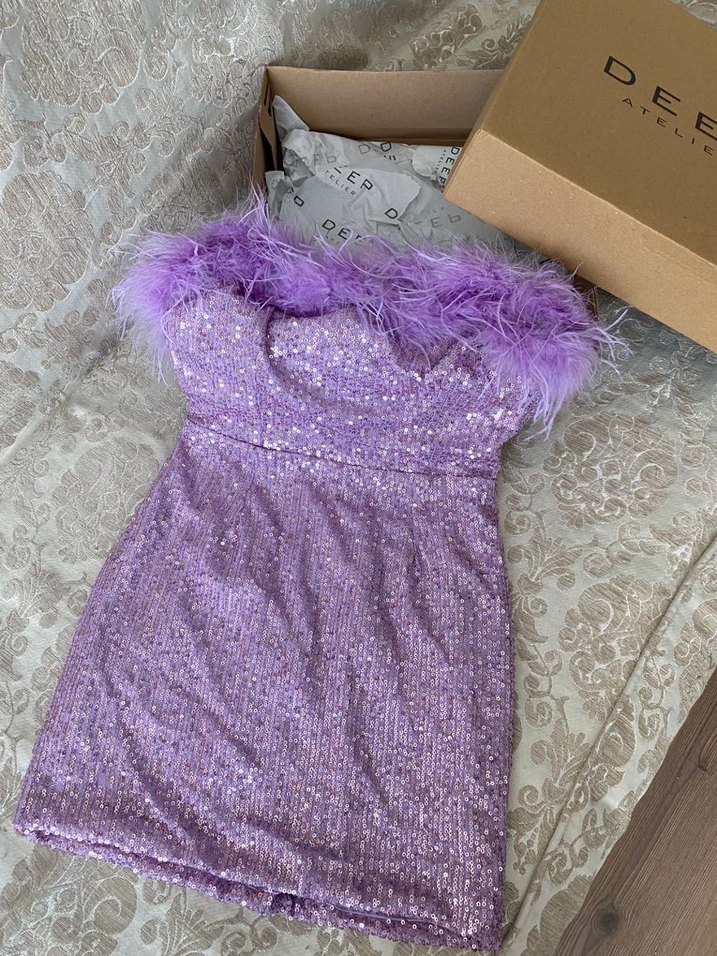 Deep Atelier Mor Tüy Detaylı Straplez Mini Abiye Elbise - Görsel 2