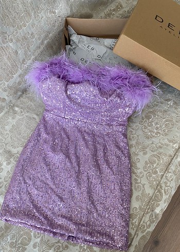 Deep Atelier Payetli Mini Mor Straplez Abiye Elbise - Görsel 3