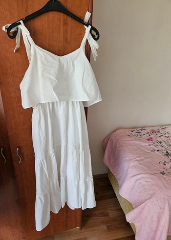 Beyaz Mini Askılı Fırfırlı Keten Elbise