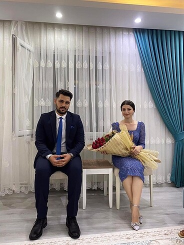 38 Beden Mavi simli kumaş kalem abiye