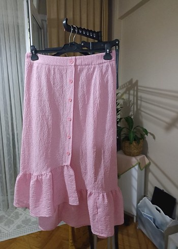 Pembe Fırfırlı Uzun Keten Etek