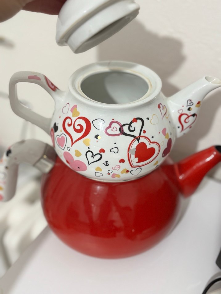 Renkli Kalpli Kırmızı Çaydanlık Seti - Görsel 2