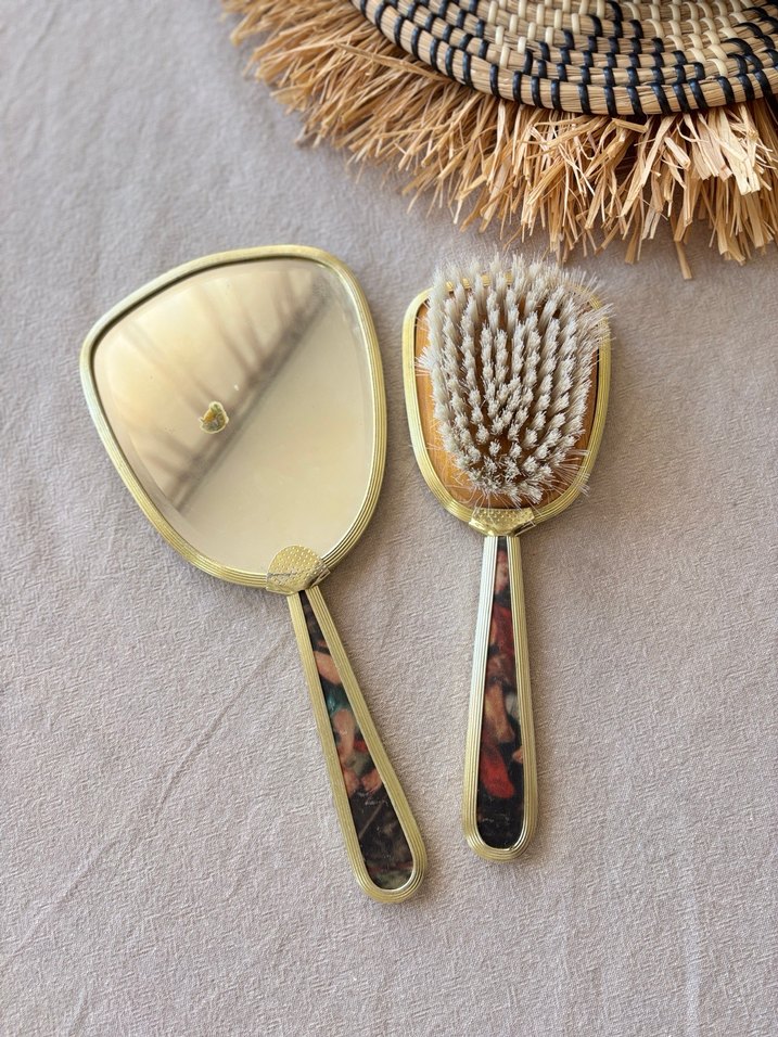 Antika Sanatsal Desenli El Aynası ve Saç Fırçası Seti - Görsel 2