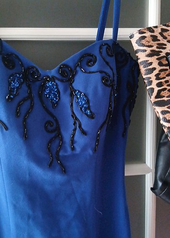 Mavi Uzun Drapeli Abiye Elbise - Görsel 3